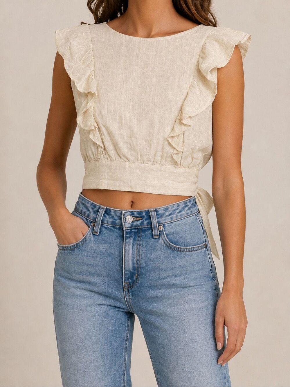 Francesca’s Blue Rain Cream Linen Blend Ruffle Tie Back Crop Top Size S
